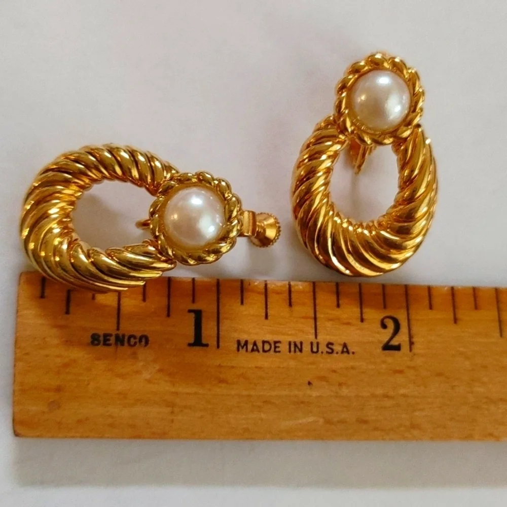 Vintage Napier Gold Loop and Pearl Adjustable Clip Earrings